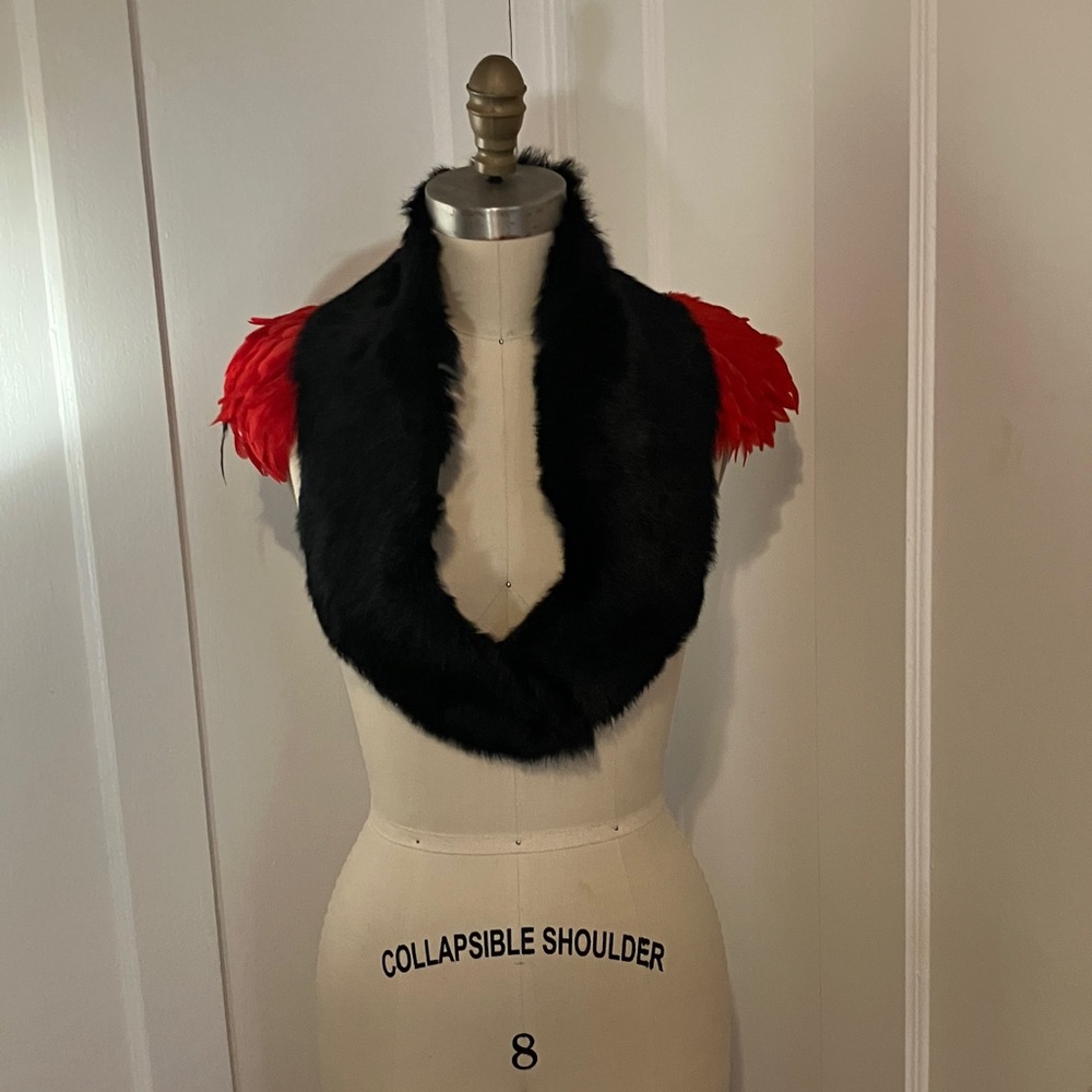 Handmade Real Fur Collar with Riveted Red Feathers